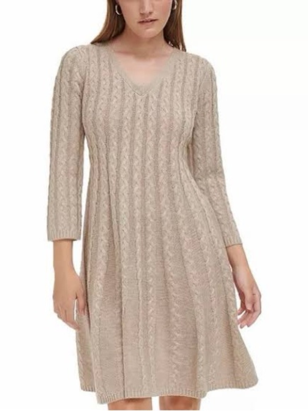 Beige Cable-Knit V-Neck Women's Dress